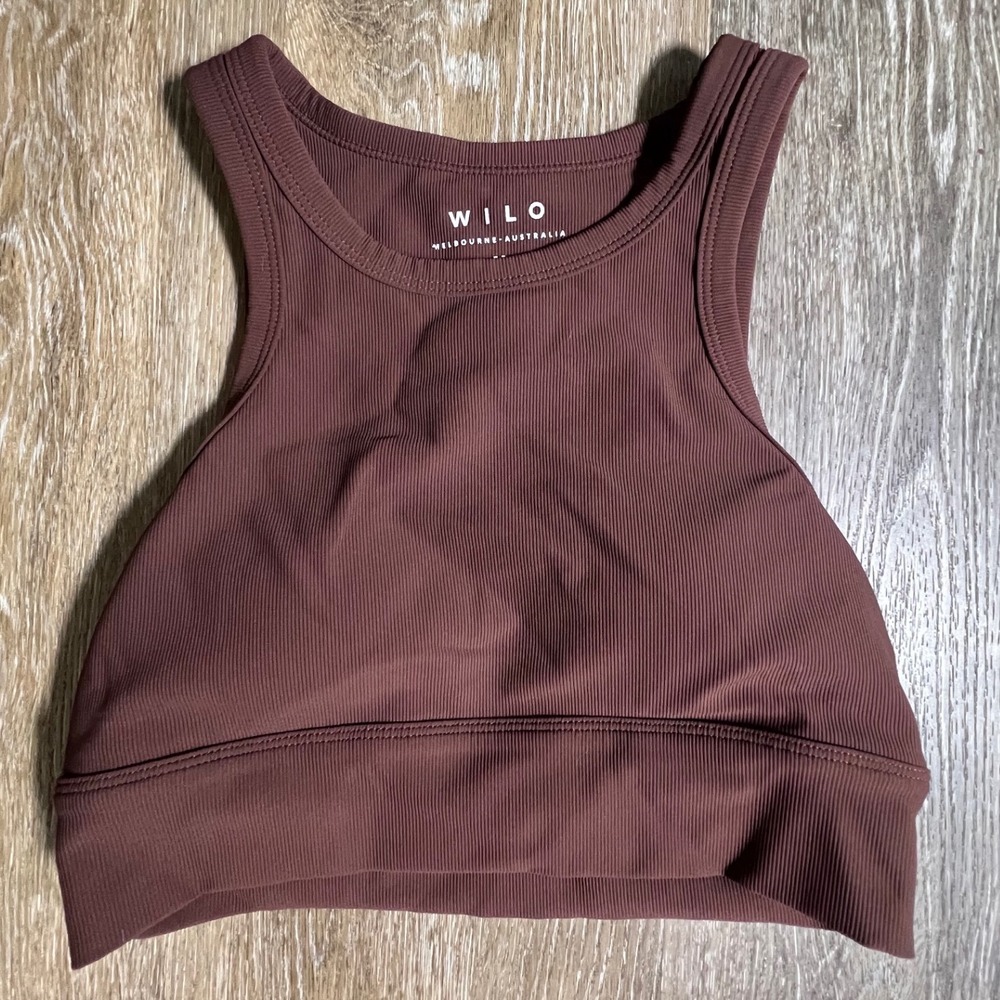 Wilo Sports Bra Womens Medium Brown Ribbed High Neck Racerback Activewear Top‎